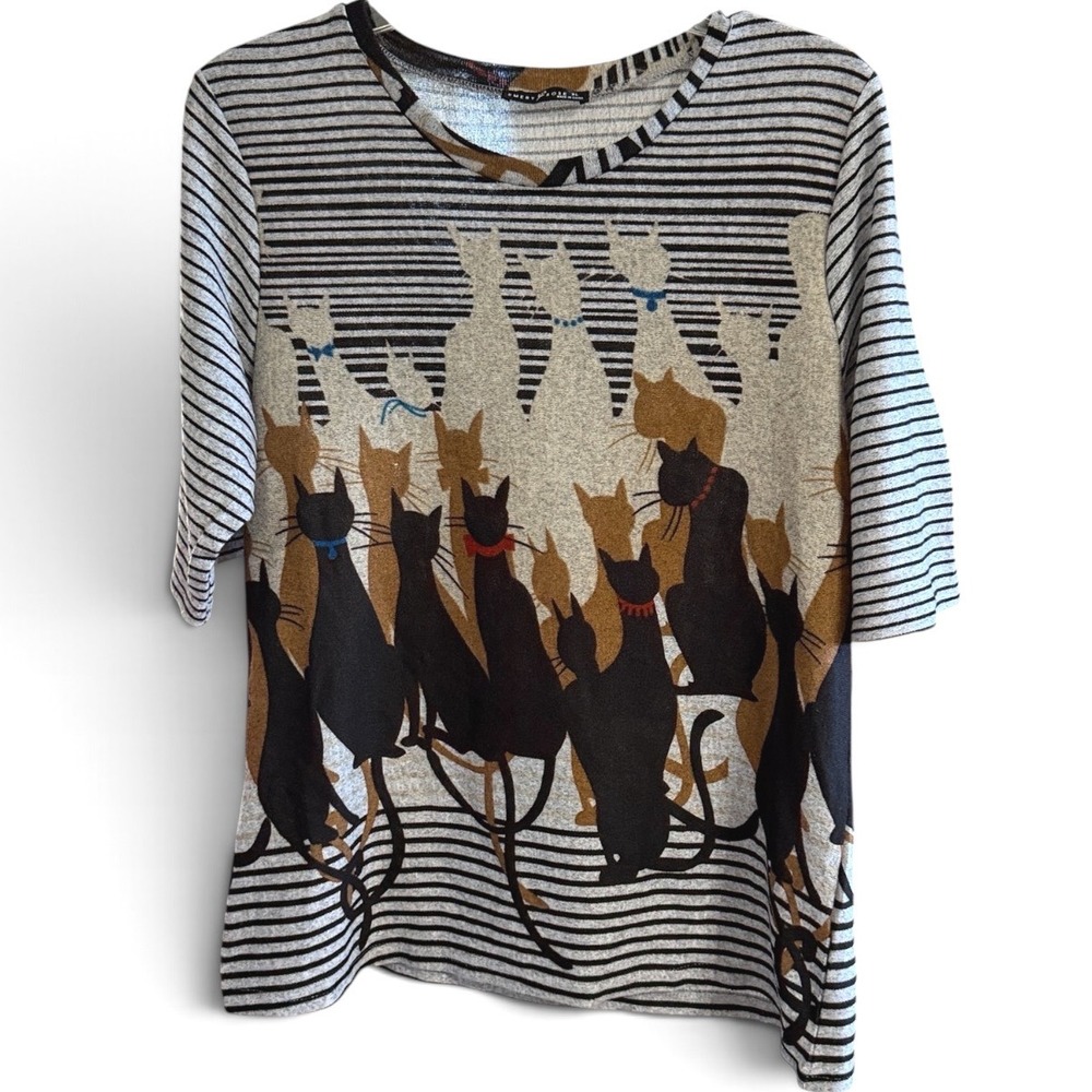 Emery Rose Cat Graphic Top Womens XL Gray Striped Elbow Sleeve Whimsical Shirt